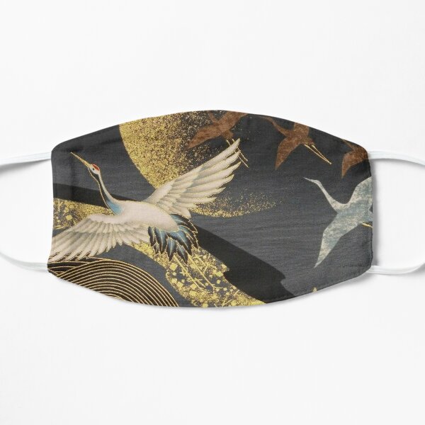 Japanese Cranes flight to golden moon Flat Mask