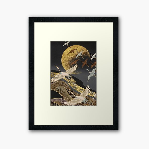 Japanese Cranes flight to golden moon Framed Art Print