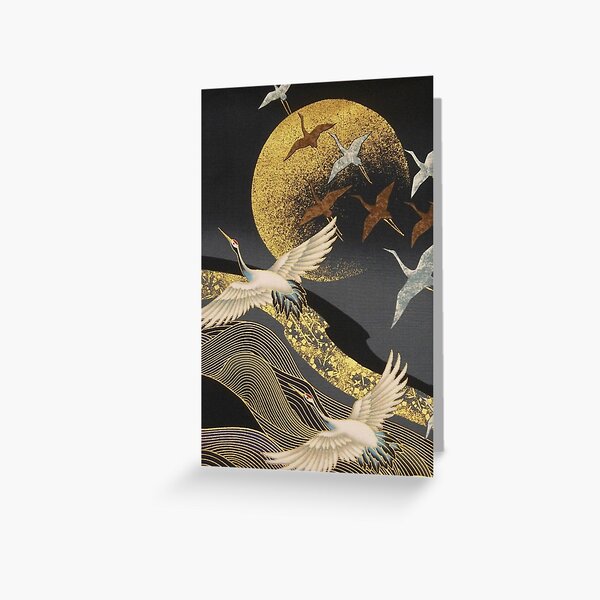 Japanese Cranes flight to golden moon Greeting Card