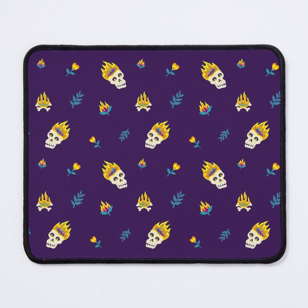 Item preview, Pattern with burning skulls, twigs, bonfires and flowers in fantasy style on dark purple background designed and sold by catsandstars.