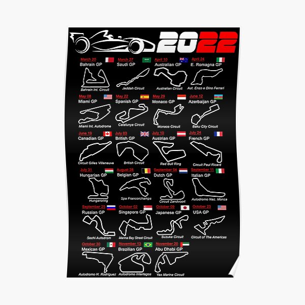 Calendar Formula race cars 2022 named circuits Poster