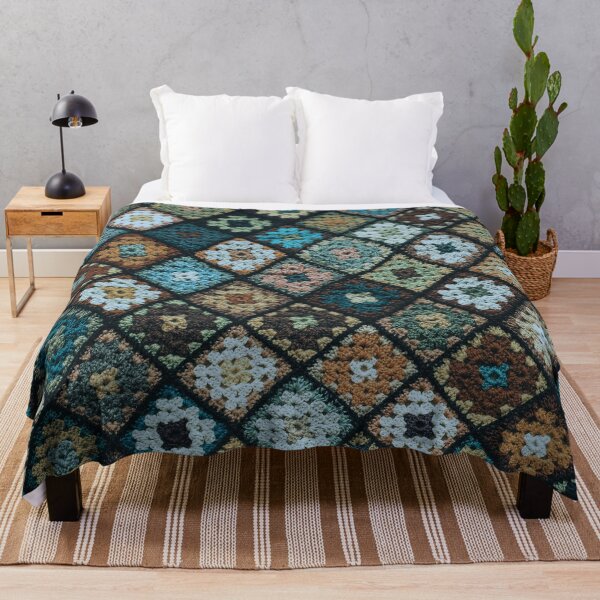  Crochet granny square pattern blue Throw Blanket