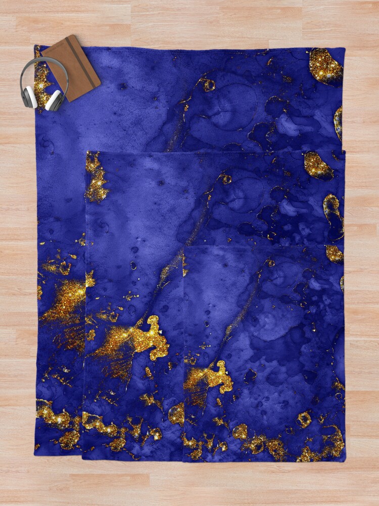 Alternate view of Indigo Blue and Gold veined Faux Marble Throw Blanket
