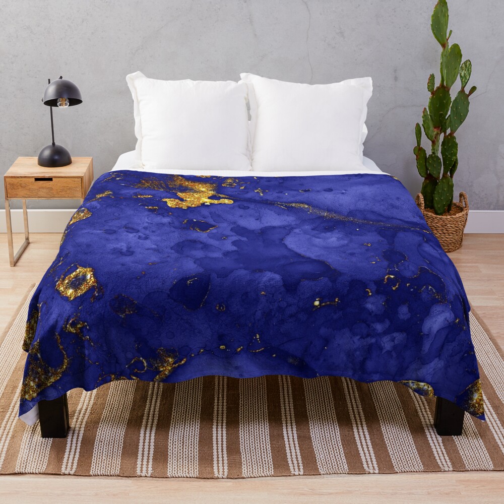 Indigo Blue and Gold veined Faux Marble  Throw Blanket