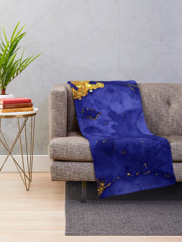 Alternate view of Indigo Blue and Gold veined Faux Marble Throw Blanket