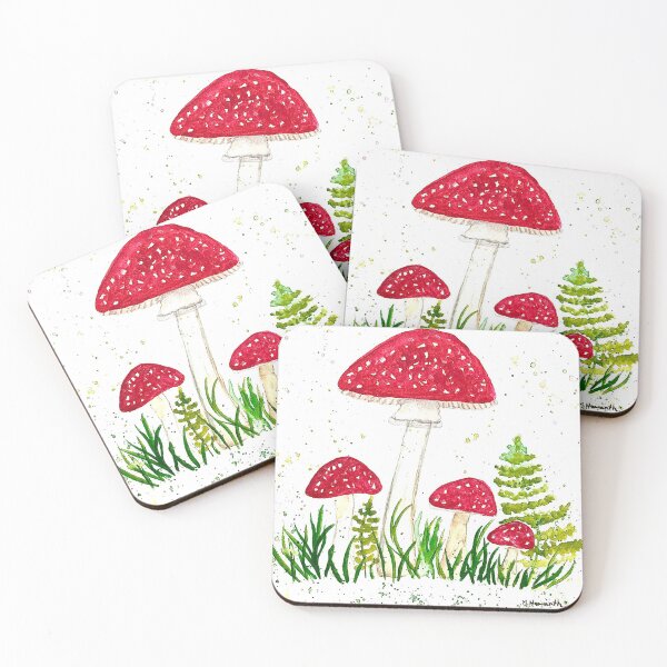 Item preview, Red woodlands fern watercolor toadstools mushrooms designed and sold by Monika Howarth.