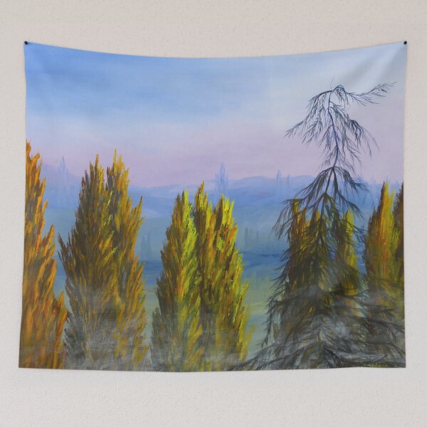 Item preview, Misty fall morning with poplar trees and purple hills. Autumn walk designed and sold by Goldstarwork.