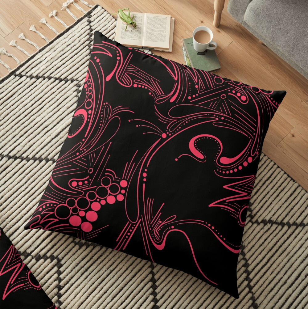 Radical Red Paisley Abstract Pattern on Black Floor Pillow