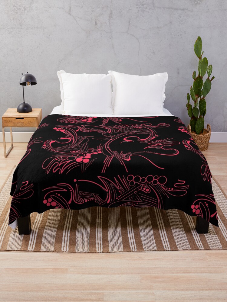 Thumbnail 1 of 6, Throw Blanket, Radical Red Paisley Abstract Pattern on Black designed and sold by that5280lady.