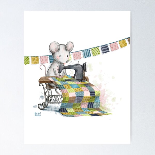 Item preview, Little cute mouse is sawing a patchwork blanket. designed and sold by Anya Illustration Studio.