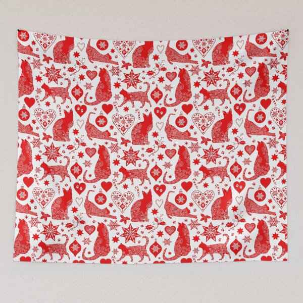 Item preview, Red And White Cat Christmas Scandinavian Folk Art Pattern designed and sold by artsandsoul.