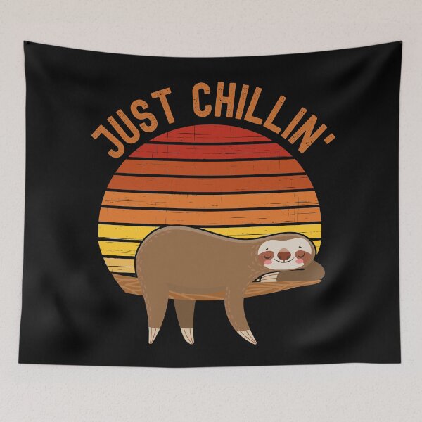 Item preview, Just chillin (Just chilling). Sloth chilling in a tree in front of a retro vintage sunset. Vintage, dark orange text designed and sold by JellyBeenzz.
