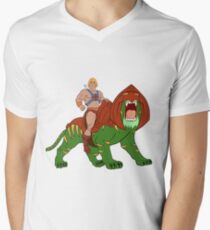 He-Man und BattleCat Filmation Style T-Shirt mit V-Ausschnitt für Männer