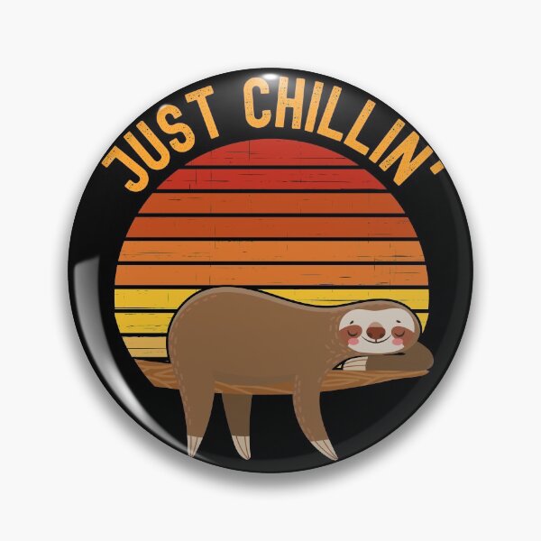 Item preview, Just chillin (Just chilling). Sloth chilling in a tree in front of a retro vintage sunset. Vintage, dark yellow text designed and sold by JellyBeenzz.