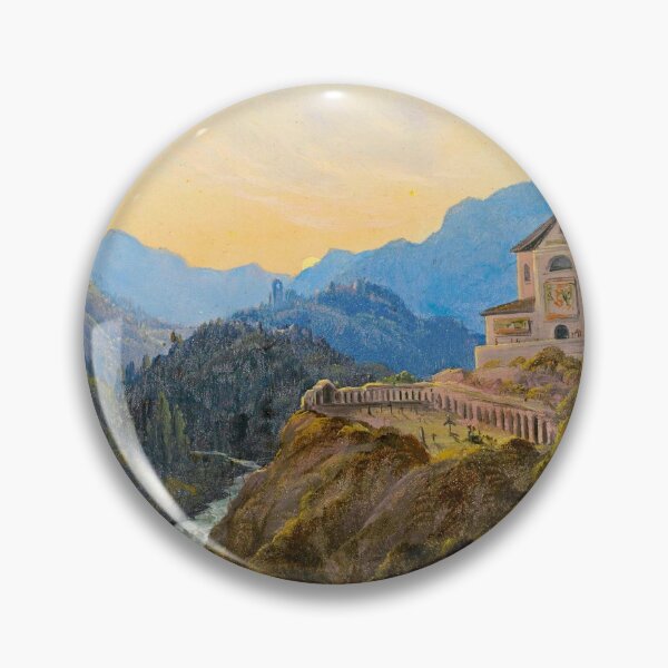 Item preview, Mountainous landscape with a river valley and an abbey at evening light - Carl Gustav Carus designed and sold by brushandframes.