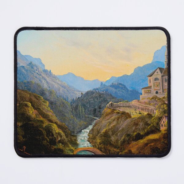 Item preview, Mountainous landscape with a river valley and an abbey at evening light - Carl Gustav Carus designed and sold by brushandframes.
