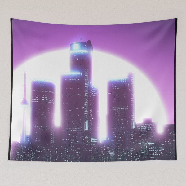 Item preview, Bright Retro Neon Moon Covering Skyscrapers - Purple designed and sold by NexusArts.