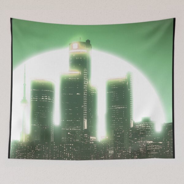 Item preview, Bright Retro Neon Moon Covering Skyscrapers - Green designed and sold by NexusArts.