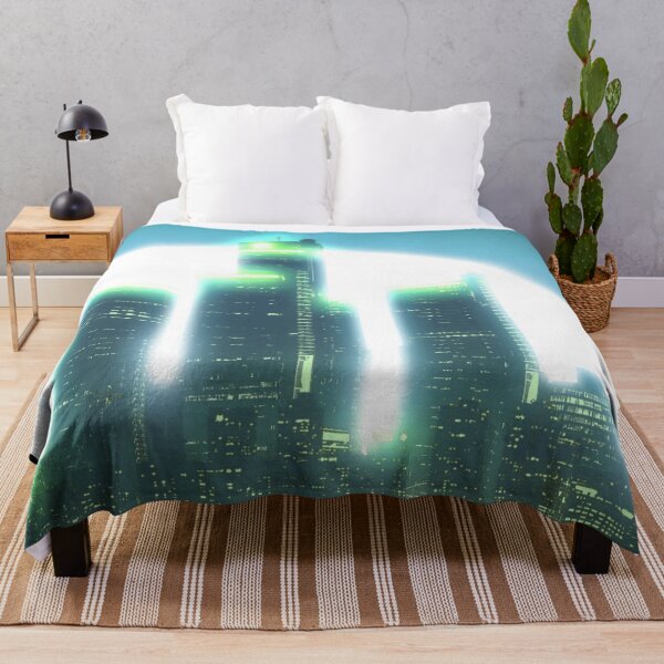 Item preview, Bright Retro Neon Moon Covering Skyscrapers - Aqua Blue designed and sold by NexusArts.