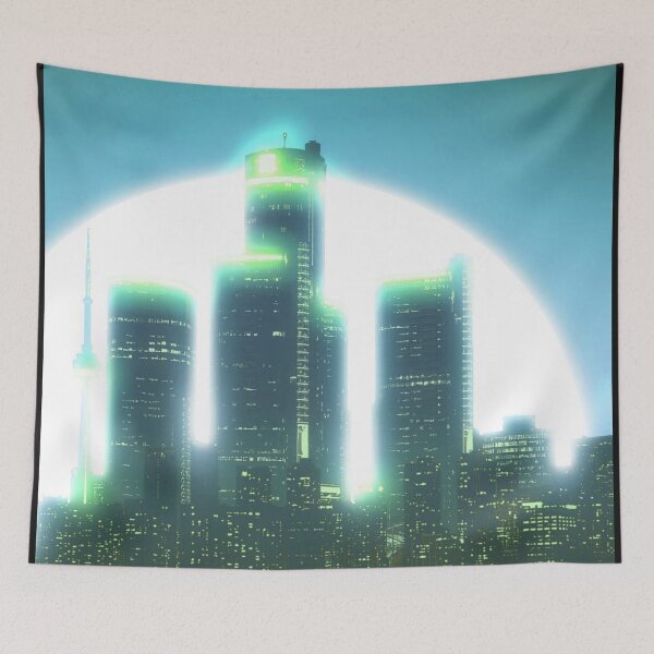 Item preview, Bright Retro Neon Moon Covering Skyscrapers - Aqua Blue designed and sold by NexusArts.