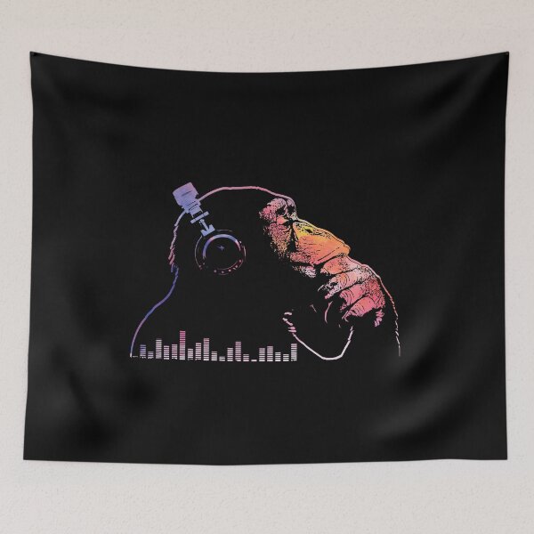Item preview, Chimpanzee monkey with headphones listens to music designed and sold by brunsch-print.