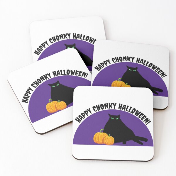 Item preview, Happy Halloween Chonky Black Cat with Pumpkins in front of a purple sky designed and sold by j9gothbe.