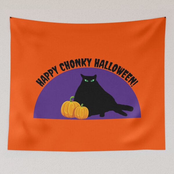 Item preview, Happy Halloween Chonky Black Cat with Pumpkins in front of a purple sky designed and sold by j9gothbe.