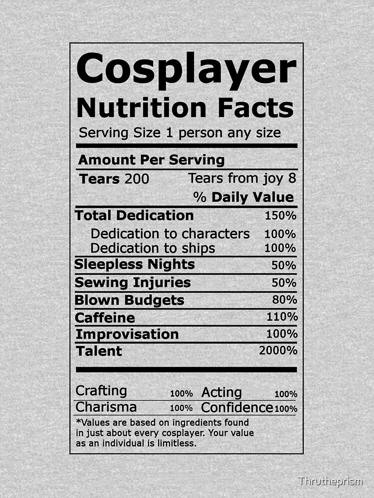 Cosplayer Nutrition Facts by Thrutheprism