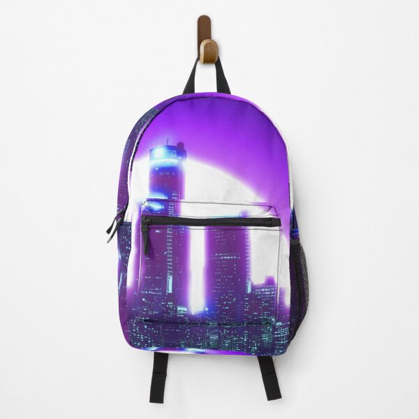 Artikelvorschau, Heller Retro-Neonmond, der Wolkenkratzer bedeckt - Schillernder Amethyst entworfen und verkauft von NexusArts.