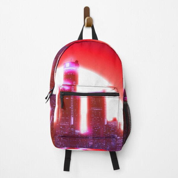 Artikelvorschau, Heller Retro-Neon-Mond, der Wolkenkratzer bedeckt - Crimson Candy entworfen und verkauft von NexusArts.
