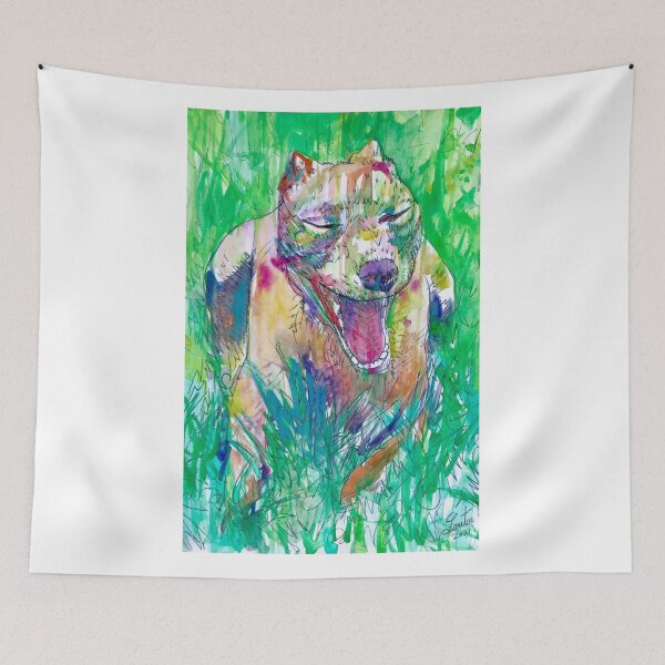 Item preview, PIT BULL YAWNING IN THE GARDEN - watercolor portrait designed and sold by lautir.