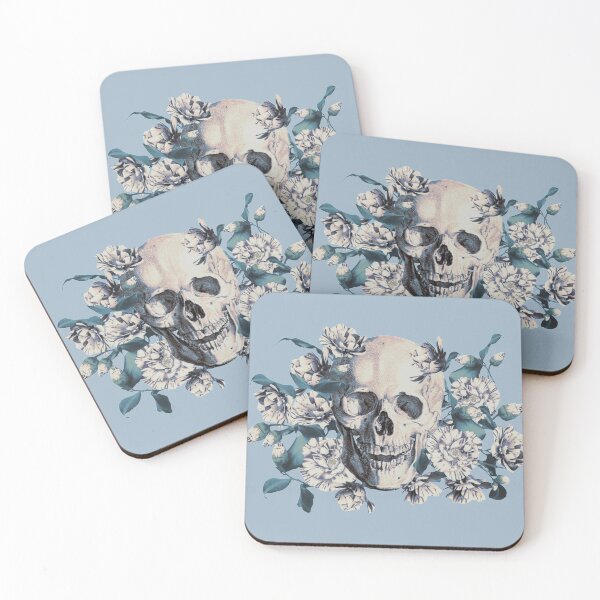 Item preview, Vintage Cyan Tone Color Human Skull With Japanese Stripy Peonies designed and sold by TrulyEpoque.