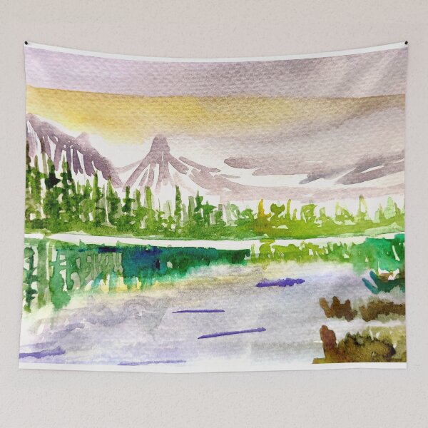Item preview, View of the mountains and the lake watercolor pattern, illustration in watercolor designed and sold by Ala Lopatniov.