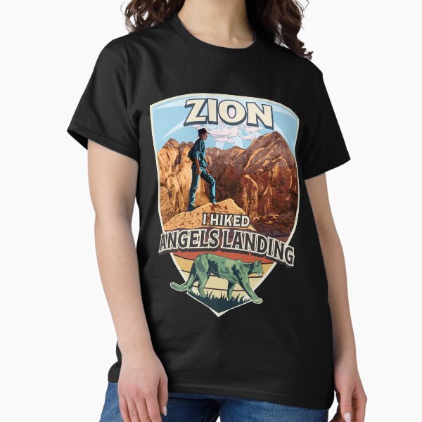 Vista previa del artículo con la obra «Parque Nacional Zion - Caminé por Angels Landing Cougar and Hiker Diseño de estilo retro vintage», diseñado y vendido por SunNoonPark.