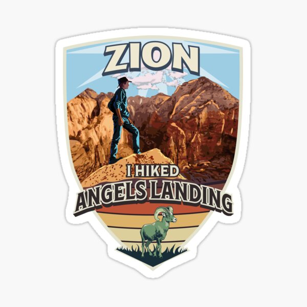 Vista previa del artículo con la obra «Parque Nacional Zion - Caminé Angels Landing con Hiker y Bighorn Sheep Retro Vintage Design», diseñado y vendido por SunNoonPark.