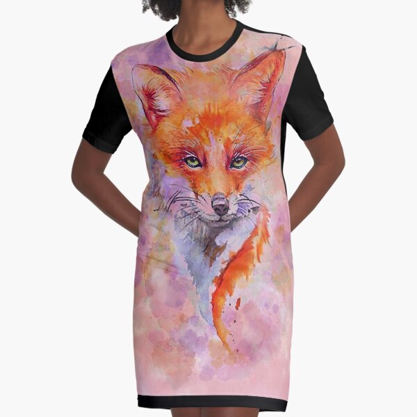 Watercolor colorful Fox Graphic T-Shirt Dress