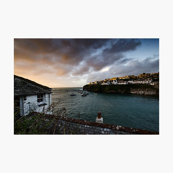Sunset over Port Isaac harbour, Cornwall Photographic Print