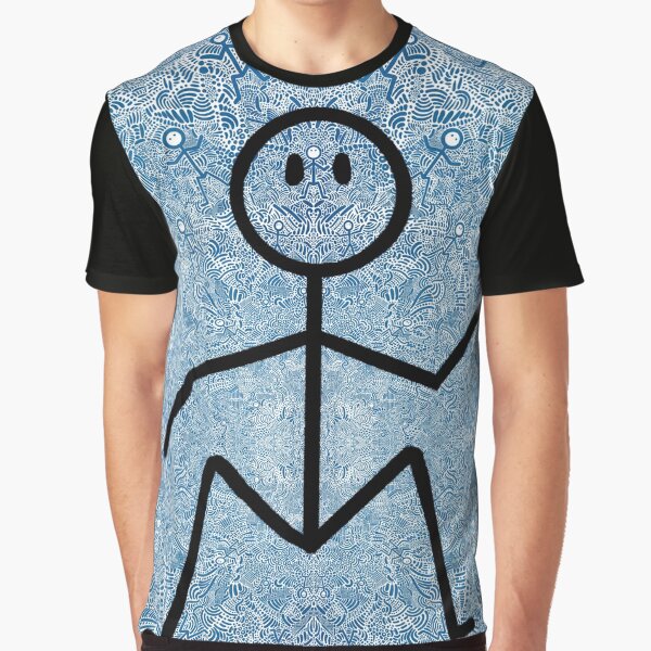 Blue And White Abstract Dancing Men Stick Figure Pattern Graphic T-Shirt