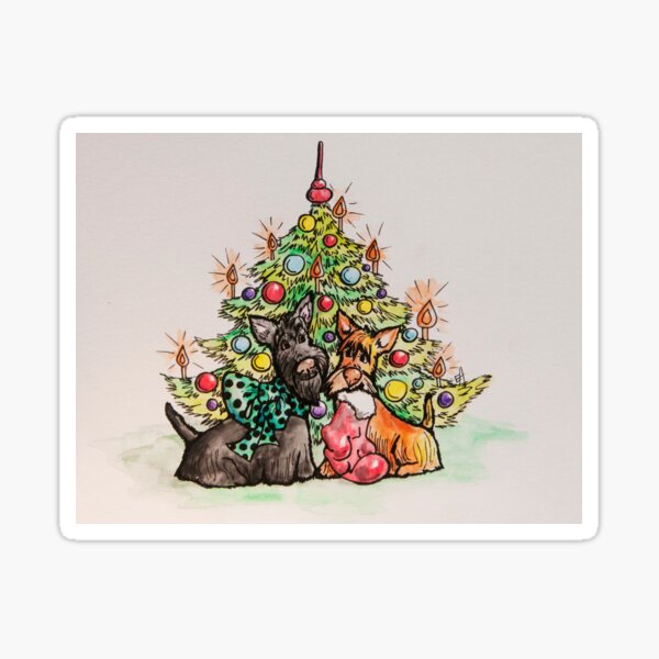 Scottie Christmas, Scottish terrier, Christmas card, hand painted, original design Sticker