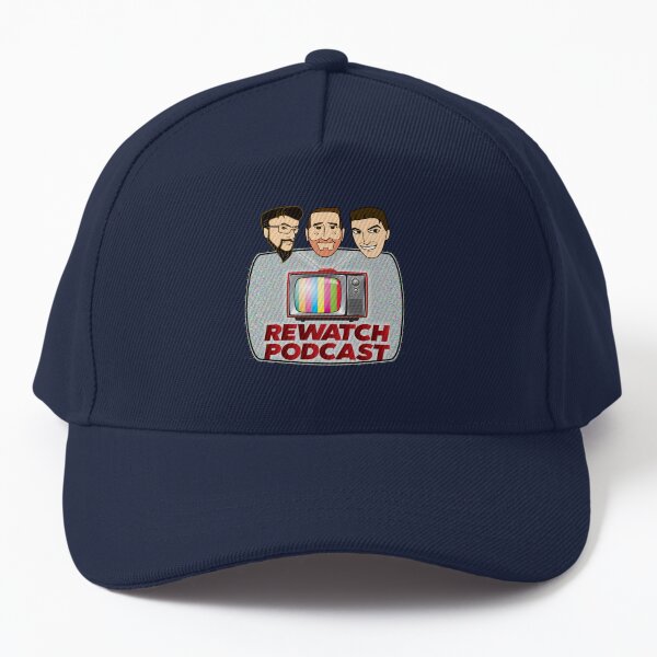 Rewatch Podcast Logo with Host Faces Baseball Cap