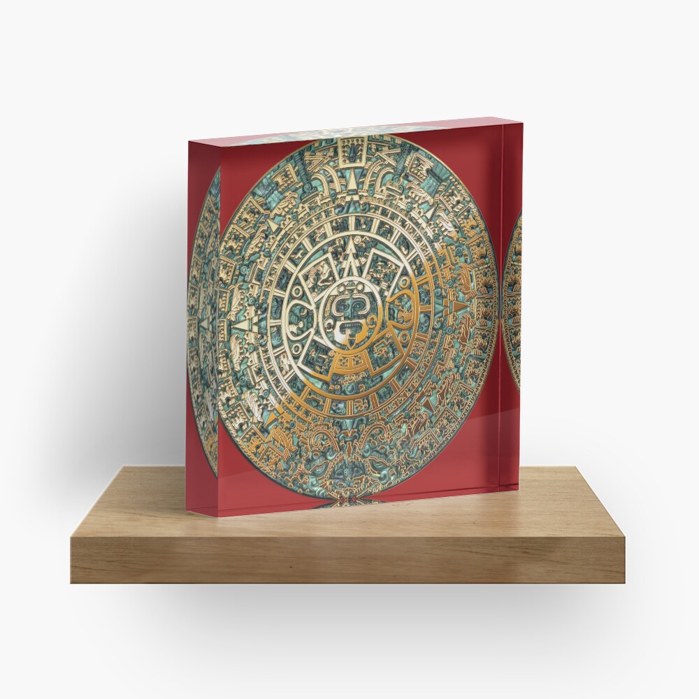 Ancient Mayan (Aztec) Calendar (Jade & Gold) Acrylic Block