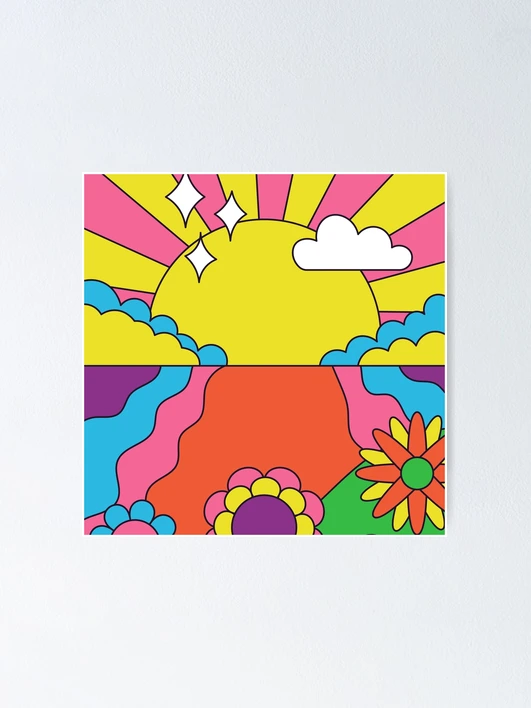 Sunset and flowers pop art psychedelic illustration