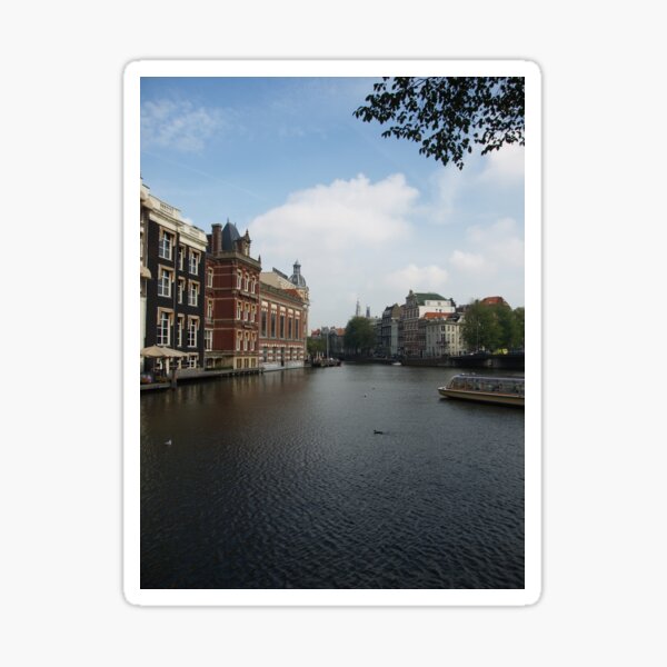 boats and birds share Amsterdam canal Sticker