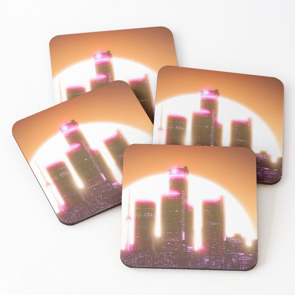 Item preview, Bright Retro Neon Moon Covering Skyscrapers - Coral designed and sold by NexusArts.
