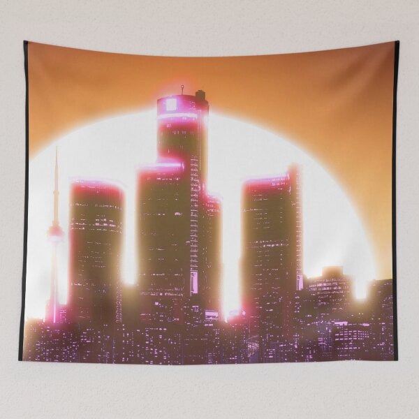 Item preview, Bright Retro Neon Moon Covering Skyscrapers - Coral designed and sold by NexusArts.