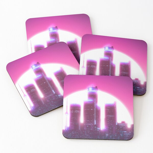 Item preview, Bright Retro Neon Moon Covering Skyscrapers - Deep Pink designed and sold by NexusArts.
