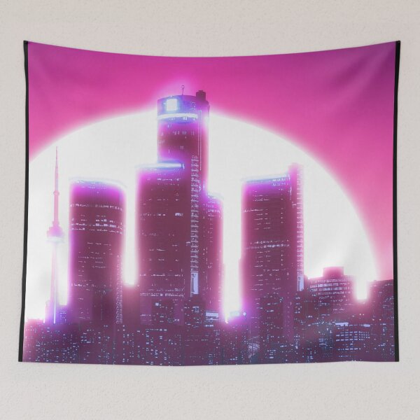 Item preview, Bright Retro Neon Moon Covering Skyscrapers - Deep Pink designed and sold by NexusArts.