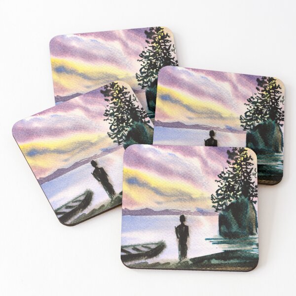 Item preview, Sky reflections in water illustration, sunset scenary in watercolors, purple colors in watercolors designed and sold by Ala Lopatniov.
