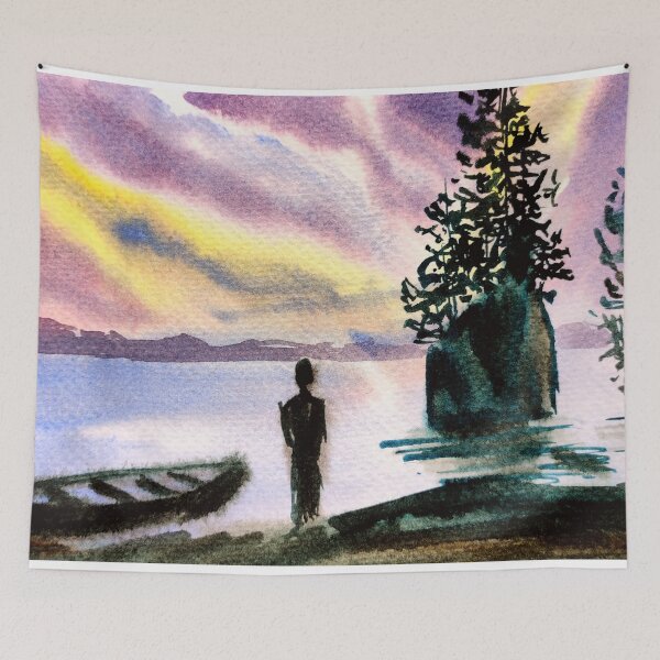 Item preview, Sky reflections in water illustration, sunset scenary in watercolors, purple colors in watercolors designed and sold by Ala Lopatniov.