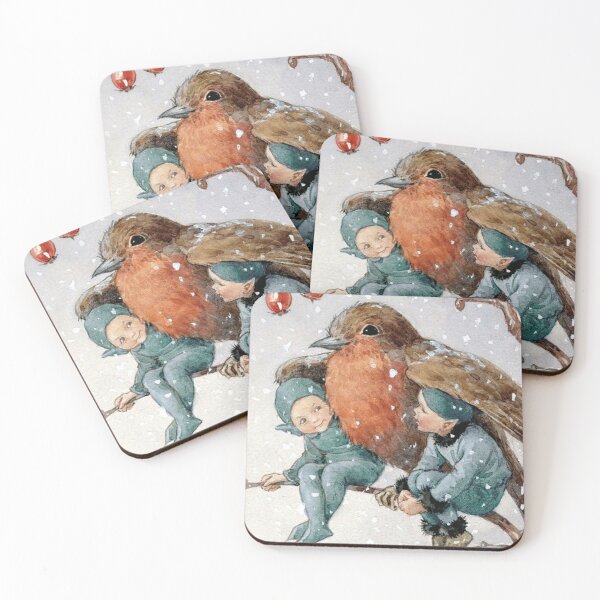 Item preview, Christmas Elves Sheltering with a Robin -  designed and sold by delorisaa.
